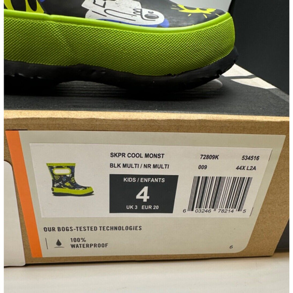 Bogs Rain Boots Skipper Cool Monster Black Green blue Kids Size 4 New In Box - Picture 2 of 3